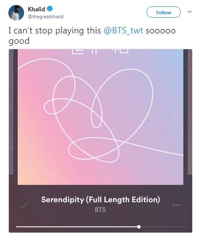 United States of Americas famous R & B singer-songwriter Khalid praised BTS member Jimins Solo song Serendipity.Khalid, the main character of the 2018 Billboard Rookie of the Year award, said on Twitter Inc. on the 29th, I can not stop (listening to this song).Its really good, Jimin said, posting a photo of Jimins Solo song Serendipity, which sent back a reply saying, Thank you, via the official BTS Twitter Inc.Serendipity is a song from BTS new repackaged album LOVE YOURSELF Answer released on the 24th.Jimins plain and delicate vocals and unique lyrics are evaluated as attractive combination.Khalid is considered to be the next generation talented musician who connects the United States of America with the R & B genealogy.The Location released in 2016 ranked second on the United States of America Billboard R & B chart, followed by the regular second album American Teen in 2017, which ranked fourth on the Billboard album chart.He won the 2018 Billboard Music Awards Top New Artist Award.When the news was announced, BTS fans responded that they wanted to see them on stage together and thanked them for listening to BTS music.Meanwhile, BTS will unveil its new song stage for the first time at Mnet M Countdown at 6 pm on the 30th and will start a global tour from early September.Jimin replies, Thank you.