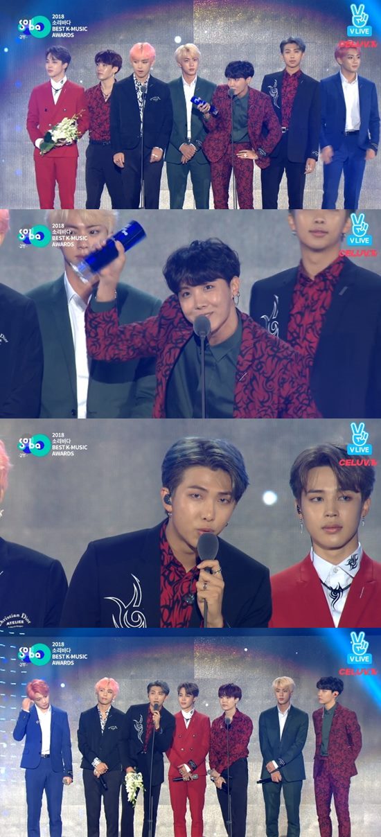 Group BTS won the first awards ceremony in the second half of the year, winning three awards including the entire Grand Prize, the main prize and the Shinhan Ryu World Social The Artist.The 2018 Soribada Best K-Music Awards were held at the Olympic Park Gymnastics Stadium in Songpa-gu, Seoul on the 30th.The overall target was BTS, who announced a pleasant start by winning the grand prize at the awards ceremony that opened the second half of the year.BTS, which recently released its new album LOVE YOURSELF Answer, was not only the title song IDOL topped the main music charts, but also the songs recorded on the charts and succeeded in line-up.In particular, IDOL music video has gained global popularity by exceeding 100 million views in less than five days.BTS won the Grand Prize with the main prize and the Shinhan Ryu World Social Artist Award and enjoyed the honor of three gold medals.I think we had a great social strength, and we will give happiness and joy to you and our daily life as a social (activity), Jay Hop said, thanking the fans.I am grateful to the Ami who gave me this award, and I would like to say thank you for the big hit that gave me this award. Jimin said, I have a lot of happiness these days.Thank you to the staff who made me stand here and thank you again for Ami. After winning the grand prize, RM said, Do you hear me well? This is the venue where we wanted to perform once before we retired.We made our solo performance at this venue three years ago, made a miracle at Gocheok Dome, and made it the owner of the main stadium. I hope you will know that those who made the seven boys who believed that they were not special are the people who watched the awards ceremony.I hope that the special experience of receiving the object during the activity will be a little more special in your life. TWICE won the Grand Prize and the Grand Prize for the sound source, and showed off the sound source strong girl group.TWICE Jihyo said: Thank you for the wonderful award last year, but I am grateful to be able to get to the glorious place.I am grateful to many of my family members who have suffered from JYP including Park Jin-young PD. Many people are struggling without resting. I am happy to receive a happy award as a singer who is a sound source prize thanks to Once.I give this honor to Once, he said, crediting his fans with his glory.REDVelvet won the Shinhan Ryu The Artist Award and the main prize, and the Mama Mudo Award and the Shinhan Ryu Popular Award.Wanna One proved explosive popularity by winning the Shinhan Ryu Popular Award and the main prize, and E X O also won the Shinhan Ryu netizen popular award, which was selected as the Voting of overseas fans.NUESTW won two gold medals in the Shinhan Ryu icon and the main prize.In addition, various The Artists were honored with the award, with The Boyz, Stray Kids, Nature, and Aiz receiving the New Artist Award for Newcomer.Gangnam District and Seol Hae Yoon also won the Shinhan Ryu Trot Rookie Award and expected their future activities.Hyung-seop X U-woong and YDPP were named Rising Hotstar, while Cheongha and UNB won the Shinhan Ryu Music Star Award; Jeong Se-woon also won the Shinhan Ryu OST Award.However, the 2018 Soribada Best K-Music Awards also attracted the award of its own ceremony.Seo In-young won the Shinhan Ryu Queen City of London Trend Award; Seo In-young recently moved to Soribada.Thank you to the jewelery members, he said, giving the award a message.Seo In-young has been singing his hits Cinderella and One More Time 10 years ago as well as special MC.Some questioned the winners of the award, and even though it was a music awards ceremony, the sound level was also disappointing.winners by category▲ Original: Wanna One, Mama Moo, NCT 127, TWICE, NUESTW, Momoland, AOA, REDVelvet, Monstar, BTS ▲ Shinhan Ryu Producer Award: Kim Do-hoon ▲ Shinhan Ryu Music Video Director Award: Hong Won Ki ▲ Shinhan Ryu Rookie Award: The Boyz, Stray Kids, Nature Sector) Eyes (Band Division) ▲ Shinhan Ryu Trot Rookie Award: Sul Ha-yoon, Gangnam District ▲ Shinhan Ryu Performance Award: Samuel, Dia ▲ Shinhan Ryu Trot Star Award: Tae Jin-ah, Hong Jin-young ▲ Shinhan Ryu Voice Award: Wheesung, Gilgubonggu ▲ Shinhan Ryu Social Voice Award: Seojae ▲ Shin Han Ryu Hip-hop The Artist Award: Song Min-ho Hallyu R&BThe Artist Award: Crush ▲ Shinhan Ryu Queen City of London Trend Award: Seo In-young ▲ Shinhan Ryu Icon Award: NUESTW ▲ Shinhan Ryu Rising Hotstar Award: Hyunseop X Uiwoong, YDPP ▲ Shinhan Ryu Music Star Award: UNB, Cheongha ▲ Shinhan Ryu Overseas Entertainer Award: 7SENSES ▲ Shinhan Ryu Overseas Entertainer Award REDVelvet, Monstar, New Hallyu netizen Popularity Award: E X O ▲ New Hallyu OST Award: Jeong Se-woon ▲ New Hallyu Men and Womens Meteorological Award: Mamamu, Wanna One ▲ Shinhan Hallyu Social Arts Award: BTS ▲ Sound Source Award: TWICE ▲ Soribada Award: BTSPhoto=V Live