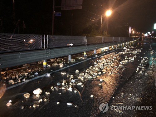 낙석 쏟아진 도로 (양주=연합뉴스) 권숙희 기자 = 30일 오전 경기도 양주시 장흥면의 한 도로에 낙석이 쏟아져 있다. 2018.8.30 suki@yna.co.kr (끝)