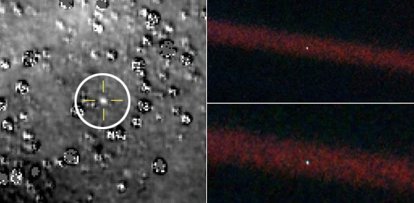 흰색 원 안 십자로 표시된 부분의 흰 점이 울티마 툴레다. 오른쪽 사진은 ‘창백한 푸른 점´으로 가운데 흰 점이 지구다. 출처 NASA