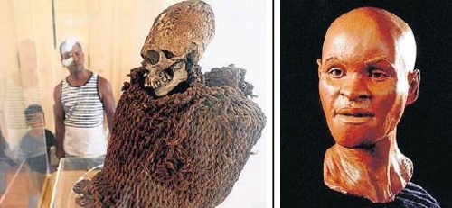 리우 국립박물관에 전시된 아이마라 원주민 유골(왼쪽)과 아메리카 대륙에서 가장 오래된 1만2천 년 전의 두개골을 복원한 '루지아' [브라질 일간지 에스타두 지 상파울루]