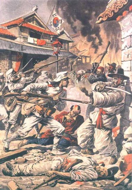 1907년 8월 4일자 프랑스 잡지 ‘르 프티 주르날’에 실린 삽화. 일본군이 서울에서 군대 해산에 저항하는 조선 군인들을 학살하고 있다. newspapers.com 제공