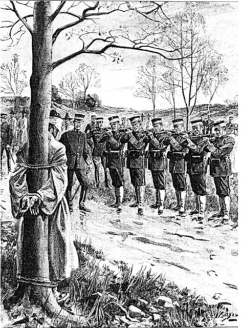 1904년 6월 15일자 영국 ‘일러스트레이트드 런던 뉴스’에 게재된 묘사화로, 일본군이 조선인을 나무에 매달아 총살하고 있다.newspapers.com 제공