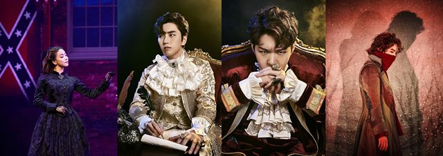 이제 웬만한 대극장 뮤지컬에서는 아이돌 출신 배우를 한 명 이상 볼 수 있다. 연습생 시절부터 다양한 트레이닝을 받아 온 아이돌 멤버의 실력도 어느 정도 검증 된 데다 이들의 대중성으로 뮤지컬 흥행을 노릴 수 있다는 기대 때문이다. 루나(왼쪽부터) 산들 이창섭 수호 등이 뮤지컬에서 활약하고 있다. 쇼미디어그룹ㆍ메이커스컴퍼니ㆍEMK뮤지컬컴퍼니 제공