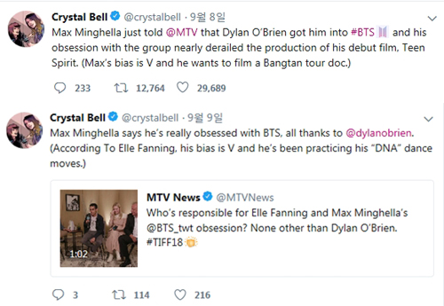 Elle Fanning, actor and film director Max Mingela, and Dylan Richard OBrien, who are familiar to Korean fans with the movie Maze Runner series, are the fans of group BTS.This is the beginning of an interview with Fanning and Mingela with the United States of America Music Media MTV.The two men showed their fanfare for BTS in the interview, and MTV official Twitter Inc. also posted an article saying that Fanning and Mingela were fans of BTS.Krystal Jung Bell, who later works as editor on MTV, told his Twitter Inc. that Dylan Richard OBrien informed Mingela about BTS, and then Mingela is so immersed in BTS that she delays producing her debut film Teen Spirit.Mingelas favorite member is Vu, and she wants to produce a concert documentary for BTS. This was also mentioned in Fanning and Mingelas MTV interview.In another post, Bell wrote that According to Fanning, Mingela is practicing BTSs DNA choreography.First, Richard OBrien, who became a fan of BTS, seems to have made what he called a in-house sales to Mingela.Currently, SNS is also spreading videos of Richard OBrien dancing to BTSs Mike Drop (MIC DROP).Fanning and Mingelas MTV interview video is also in the middle of Gong Yoo.Bell also wrote Taehyung in a fans article, I wonder which member Fanning likes the most.Taehyung is the real name of Kim Tae-hyung Bü, and Fanning also appears to have expressed affection for Bü.Earlier, actors Kylie Rogers, professional wrestler and actor John Cina, actor Ansel Elgoth, singer Khalid, actor and comedian James Corden, model Tyra Banks, singer Nikki Minaj and Ed Sheeran also praised or fancied BTSs Music.BTSs global presence is being proved again through Celebs.Meanwhile, BTS started its world tour Love Your Self (LOVE YOURSELF) at the United States of America Los Angeles (LA) on the 5th, and will continue the concert in Oakland on the 12th.According to Billboard News on the 9th (United States of America) BTS repackaged album Love Yourself Resolution Answer (LOVE YOURSELF Answer) was ranked 8th on the 15th Billboard 200.Photo Providing Big Hit Entertainment, Dylan Richard OBrien - Elle Fanning - Krystal Jung Bell SNS