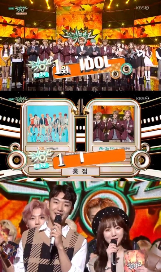 BTS came in first.BTS climbed to the top of the KBS2 entertainment program Music Bank on the afternoon of the 14th with Idol.BTS beat NCT Dreams to top spot; it missed the showOn the other hand, DeCrunch, Park Girl, Nam Woo Hyun, Nature, Sunmi appeared on the broadcast.