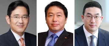 이재용 삼성전자 부회장(왼쪽부터), 최태원 SK그룹 회장, 구광모 LG그룹 회장.