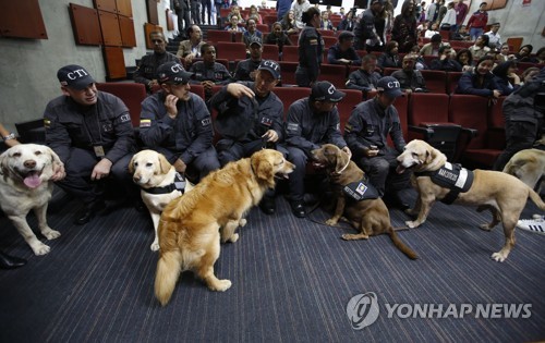 21일(현지시간) 콜롬비아 수도 보고타에 있는 검찰청사 강당에서 열린 경찰견 14마리의 퇴임식 [AP=연합뉴스]