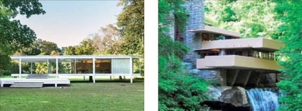 모더니즘 건축 아이콘 '판스워스 하우스'(왼쪽), 20세기 최고 건축물 '낙수장'.