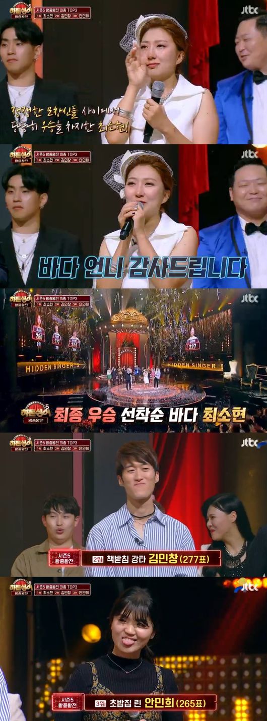 After the fierce battle of the gods, next week, the duet festival was announced and doubled expectations.In JTBC entertainment Hidden Singer Season 5 broadcasted on the 23rd, a special feature of the Kings King was broadcast.Jeon Hyun-moo introduced the underground practice room Gianti Park Jun-young as the eighth mochang god of the king.Gianti said, It is difficult to stage, do not discolor if you give me a tip. I do not need stage manners, I can stay still, please call me as you say.He then decided to meet separately, and presented his own sunglasses.Park Joon-young opened the stage with Yanghwa Bridge, which was painted with cheering lights like Seoul night view from Yanghwa Bridge.I have been singing live on the radio on Sundays, he said. There was a similar part when I saw the stage, especially the end syllables.I actually wore my sunglasses, and I called them as if I were a giant today, Park said. I hesitated about the stage results.With tensions mounting, Park failed to win the Top Three throne with 178 votes; An Min-hee won the top spot for seven consecutive consecutive victories.The original singer, the defeated winner, announced the start of the confrontation. At this time, the original singer Sea appeared like a colorful fairy.Jeon Hyun-moo said, Its like a script, and the next stage was Choi Sang-hyun, a first-come-first-served sea.Sea said, Show me the passion and energy that will burst like a new womans eyes, like Zandark. It is your purpose to be me.The song began with a lot of expectations about what stage to show. It was a counterattack.Lim Chang-jung said, The chicken has grown, he said, the voice I have heard since I was working with you. It was really the same, a stage that does not even need modifiers.It was a class that other protégés would fear: Sea was convinced that he had practiced so much that his eyes were red, he would win by two votes.Lim Chang-jung and Yang Hee-eun predicted the first place, saying, I expect the first place. It is possible to exceed 265 votes. An Min-hee also said, I think it will be lost.All of the top three were considered strong candidates.With attention to how many of the 300 would have received, Sea expected 290 votes, which would have exceeded the highest score of 285 votes.She pushed An Min-hee, who was the number one player in seven consecutive times, and for the first time, she changed her position.The following was milk delivery Hong Jin-young, Yoo Ji-na, who stood up and cheered.Hong Jin-young tipped, You can be one with the audience, and recommended thumbs. He even delivered hip dancing.The stage of Yoo Ji-na, which discharged to Goderie Hong Jin-young, began; it was a charming parade that beat Hong Jin-young.Hong Jin-young was also surprised, saying, I thought I was out. I expected the top three. Besides, I promised a song gift.Whether to shake the top three composition, Yoo Ji-nas score was revealed. Top three failed with 238 points. Hong Jin-young comforted him, saying, Its okay.With the top three composition unchanged, the next stage was Kim Min-chang of Kangta, the bookmaker, and the meeting between Kim Min-chang and Kangta, which H. O. T. members also recognized, was drawn.Kangta recommended Arcticity; Kangta said, Pretty much more than you call it by nose, make a sound, and was convinced that its a voice dubbing feeling, a win that I record.As the first episode, the expectation was gathered as much as the original singer. Kim Min-changs stage began.Every single word was a series of surprises. I was touched and thrilled as if the real Kangta had called.Jeon Hyun-moo admired the face is Lee Jae-won, the voice is Kangta, H. O. T. itself.Sea said, There were so many creepy parts because it was the same. Lim Chang-jung said, It is really the same as the live in Kangta karaoke, and the delicate vocals are admiration. I know why you are the winner.In the hot reaction and reversal that overtook expectations, Kim Min-changs votes were revealed. He surpassed An Min-hee and became second.Choi So-hyeon, who is in first place, and Kim Min-chang, who is in second place, showed the power to defeat the original singer in the kings king.The next was Ailee, Kang Go-eun, who lost 15 kilograms; she was a vocalist who looked just like Ailee and a charismatic who overwhelmed the crowd.Enjoyment and confidence are important. The end process was English pronunciation. Then the stage began and showed the singing ability like Cider, who defeated the original singer Ailee.Hong Jin-young was appalled, saying Ailee-specific English pronunciation is the same; Kang Go-eun said he trying to follow his sisters swathing pronunciation.Lim Chang-jung said, It is important to sing similarly, but the song itself is good.Kang Go-eun said, I actually asked Ailees sister about the secret of being good at live. He said that he had learned the performance backstage with Ailee invitation.Kang Go-eun, who had a powerful stage, was released with the results of the vote, while Kang Go-eun expected third place.Kang Go-eun said, It was my goal to enjoy it fun.The final stage of the long-awaited event was only left. It was noted whether the top three could be broken.She was a deep-rooted, emotional figure of the original singer, a small but hard-working man.Kim Yoo-jung asked, It is difficult to evergreen and how to call it.Yang Hee-eun said, There will be a part of the song that is pulsing in any passage, and concentrate more on your mind.What you do not have is a big property, keep that in mind and call it, and eventually the song is to do with your heart, to fail and make mistakes and become an adult.The stage of the song Evergreen was started, which was the heart of the minor actor Kim Yoo-jung. It was a warm stage that conveyed comfort to everyone.Yang Hee-eun said, In fact, Evergreen is a marriage celebration song. He said, It was a celebration used for the joint wedding of young people who have nothing. I was thirty, I had nothing at the song, I am okay, I said.The panel said, It felt more profound, a meaningful stage that saw Kim Yoo-jung, the main character, not a single actor. I felt like leaving the song and conveying the lyrics.Cheongha said, I was encouraged by my sister, I want to tell her that she is a person with a big gift, he said, the time when it was awkward to watch audition, the sister who exchanged ambassadors for the first time.Jeon Hyun-moo asked for the prospect of the vote.Kim Yoo-jung said, I did not consider the rankings and wanted to sing with my heart and convey my heart like the teacher said. The scope of understanding is youth, but I wanted to be a force for all youths of my age. Yang Hee-eun said, Today, I want to give 300 votes to my heart.Kim Yoo-jung, who had written everyone on the stage to convey his heart, whether he could break Kim Min-chang and Choi Min-hyun from top three An Min-hee, who is a powerful power, failed to win the top three with 227 points.Nevertheless, Kim Yoo-jung, who embroidered Yang Hee-eun in the 48th year, left a great lull with a deep echoing stage that left the synchro rate and left the mind.The final ranking was Ahn Min-hee, the second-ranked Kim Min-chang, and the prize money of 20 million won and the European Oabok ticket were 280 votes, with Choi Min-hyun topping the list.In addition, Lim Chang-jung showed a new stage, saying, I never loved you a day. This atmosphere led to a special stage called by 13 mochang gods as an aid singer.The limited edition of the 13 kings of the king, Lee Sang-euns One Day was selected.Maybe it was the first and last stage of the 13 together.Jung Han started singing with a K-Will voice, and Kim Yoo-jung, a minor actor, continued with Yang Hee-euns voice and Kang Hyung-hos voice.From the book support Kangta Kim Min-chang, Kang Go-eun received the voice with Ailee voice, Yoo-na with Hong Jin-young voice, and Choi Min-hyun decorated the finale with Sea voice.It was a wonderful synchro rate, like the mojos. The hot stage with the hope to meet again was impressed.After the war of the mochang gods, which was a feast of emotion and creeps, the next week, we announced a duvet show that transcends the imagination of the postwar period.Following the success of the fierce gods of the past, I was expecting the Dopple Festival, which can only be seen in Hidden Singer.Hidden Singer 5 captures the broadcast screen