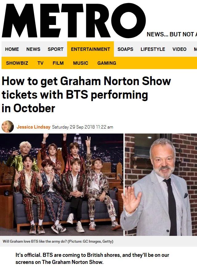 Its official news, British Metro International said on Monday.BTS will be coming to the UK and we will see them through The Graham Norton Show. Recording will be held Thursday and on-site tickets will be available free of charge through the site on the website; with a somewhat high level progress, 18 years oldLee Sang-man can participate.