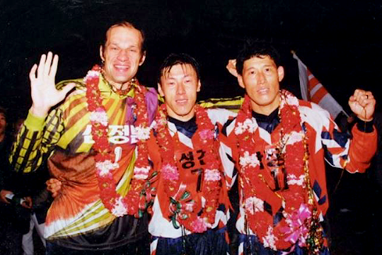'일화 왕조' 시절의 사리체프(사진 왼쪽부터), 신태용, 고정운(사진=일화)