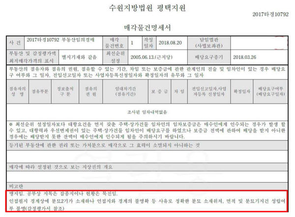 수원지방법원 평택지원 2017타경10792 매각물건명세서. 인접필지 경계에 분묘 2기가 존재하지만 분묘기지권 성립여부가 불분명하다는 내용이 나와있다. /신한옥션SA