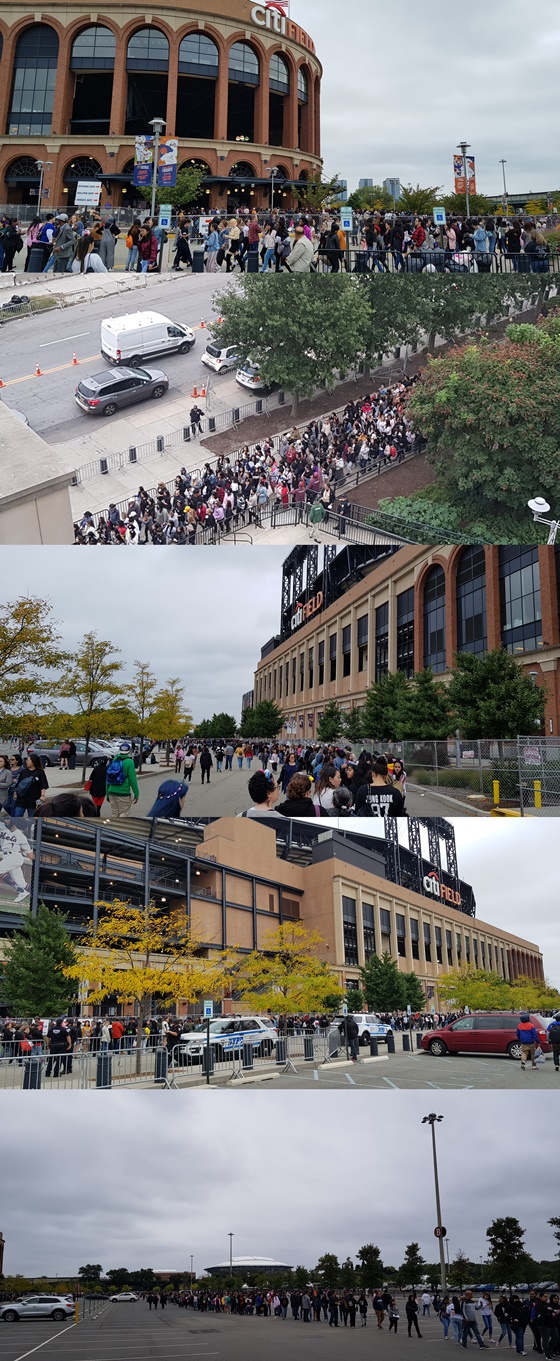 Fan, who saw the reporters, fell down and made a big bow. And smiled.Group BTS will perform its final performance of the world tour LOVE YOURSELF North America at New York City City Field at 7 p.m. on the 6th (local time).City Field is the home stadium of the New York City Mets in the major leagues, where pop stars such as Paul Meckartney, Beyonce, and Lady Gaga performed. BTS is the first Korean singer to perform.The performance was sold out early in the 40,000 seats and proved the popularity of BTS.A few hours before the performance, Cityfield was suffering from phosphate with Fans, a long line endlessly running from the outskirts of the stadium.It was a somewhat chilly weather at about 20 degrees from the entrance of the concert hall with parents vehicles to take their children to the concert hall, but they did not care about Fans.I was armed with various BTS Goods and waited for the upcoming festival.As if to commemorate the BTS historic New York City performance, they gathered together to take group photos in the background of City Field.Fan, who came from Senegal and Fan, who came to Princeton, had already become friends, saying, Its fun just to see BTS, and BTS! BTS! BTS!I really like the message BTS sends to me in songs, said one Fan from Long Island.The lyrics of BTS songs impress me, said Fan, a boy from Indiana, who also said the teen from New York City is really touching the lyrics.Fans, who had been tenting outside the theater for a few days and prepared for the first-come-first-served position, filled the standing seats around the stage around the center of the theater as soon as the venue was opened.Three hours before the performance, the standing seats around the protruding stage were full without a break.The BTS is set to spend three hours running Cityfield.