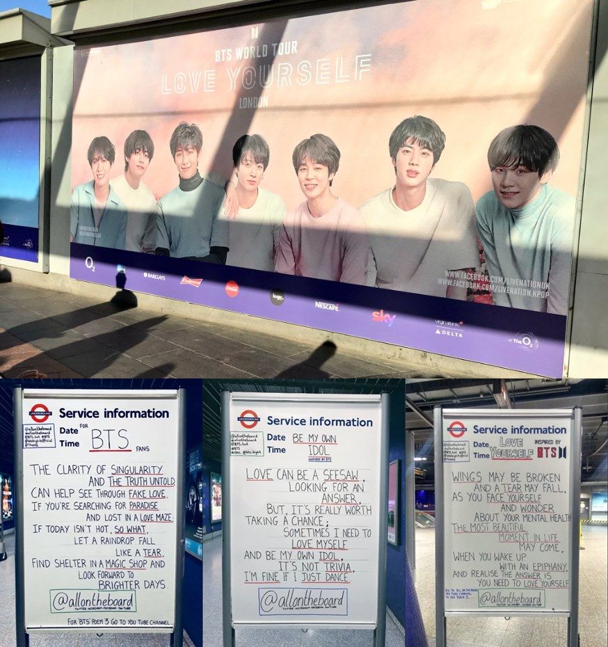 On the afternoon of the 9th, London Oto Arena in England said: The day was finally bright: BTS came to London, and I am really happy and looking forward to meeting you here.Are you ready? The photo shows a poster of a BTS tour, which is clearly drawn like a picture, and it attracts attention. Another photo shows a guide using BTS song.It also has the English language title of The Nailed Heart and Paradise and the album Love Yourself - Ancer.It adds fun to the members solo song titles.BTS meets a total of 40,000 fans in Otuarena between the day and the 10th.