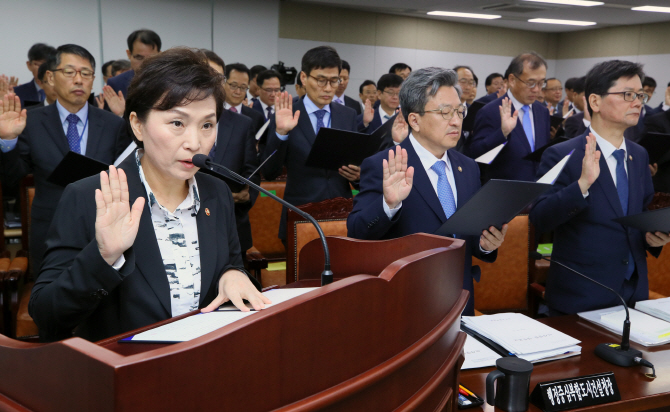 국정감사 첫날인 10일 세종시 정부세종청사 국토교통부에서 열린 국회 국토교통위원회 국정감사에서 김현미 장관, 손병석 제1차관, 김정렬 제2차관 등 산하단체장, 간부들이 증인선서를 하고 있다. (사진=연합뉴스)