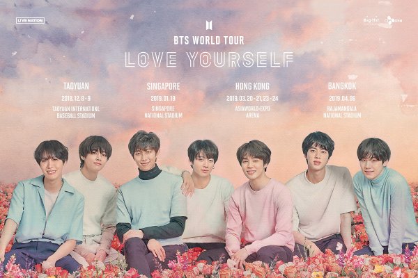 Group BTS has released an additional schedule for LOVE YOURSELF tour Asia.BTS released its tour posters through official fan cafes and SNS channels at 12 pm on October 10 and announced the schedule of performances in four regions of Asia including Taiwan, Singapore, Hong Kong and Thailand.According to the schedule released, BTS will be the Taiyuan International Baseball Stadium in Taiwan from December 8-9, the Singapore National Stadium on January 19, 2019, and the Hong Kong Asia World Expo Arena on March 20-21 and 23-24. -Expo Arena), will hold a concert at the Rajamangala National Stadium in Bangkok, Thailand, on April 6.As a result, BTS confirmed 41 performances in 20 cities including USA, Canada, UK, Netherlands, Germany, France, Japan, Taiwan, Singapore, Hong Kong and Thailand, starting with the LOVE YOURSELF tour held at the Seoul Jamsil Olympic Stadium on August 25 and 26.BTS sold out all tickets for Seoul, North America, Europe and Japan, which were sold earlier, and showed the status of the worlds The Artist as the first Korean artist to complete the stadium performance at New York City Field.BTS will continue its LOVE YOURSELF Europe tour in Amsterdam, Germany, Berlin and France Paris, starting with the O2 Arena in London on the 9th and 10th (local time).