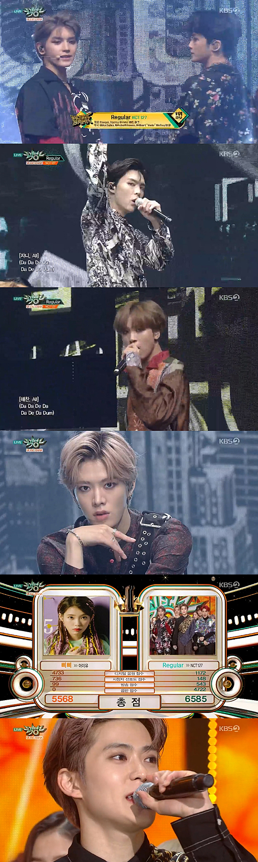Boy group NCT 127 beat singer IU to top spot; first Major TV Channel music broadcast.On KBS 2TV Music Bank broadcast on the afternoon of the 26th, NCT 127 won the first trophy over IUs Pippi with the song Regular.NCT 127 said, I sincerely thank Mr. Lee Soo-man. He thanked his SM Entertainment family and fans and vowed to work harder in the future.Regular is the title song of NCT # 127s first full-length album NCT # 127 Regular-Irregular.It is the fourth trophy to be awarded as Regular. This is the first time that NCT has topped the major TV channel music broadcasts including NCT 127 as well as NCT DREAM.On the other hand, Music Bank appeared on BOA, Monster X, NCT 127, Soya, Stray Kids, Golden Child, Park Girl, Kim Dong Han, Park Sung Yeon, South Club, Shaple, Sohee, Yang Dail, April, Space Girl, Wikimiki, Lee Hong Ki and Promis Nine.Number One K-pop Queen BOA made a comeback with Woman; it was the title song for its regular ninth album, and it was full of BOAs girl crush charm in rhythmic melodies.The comeback stage was also filled with the charisma unique to BOA.