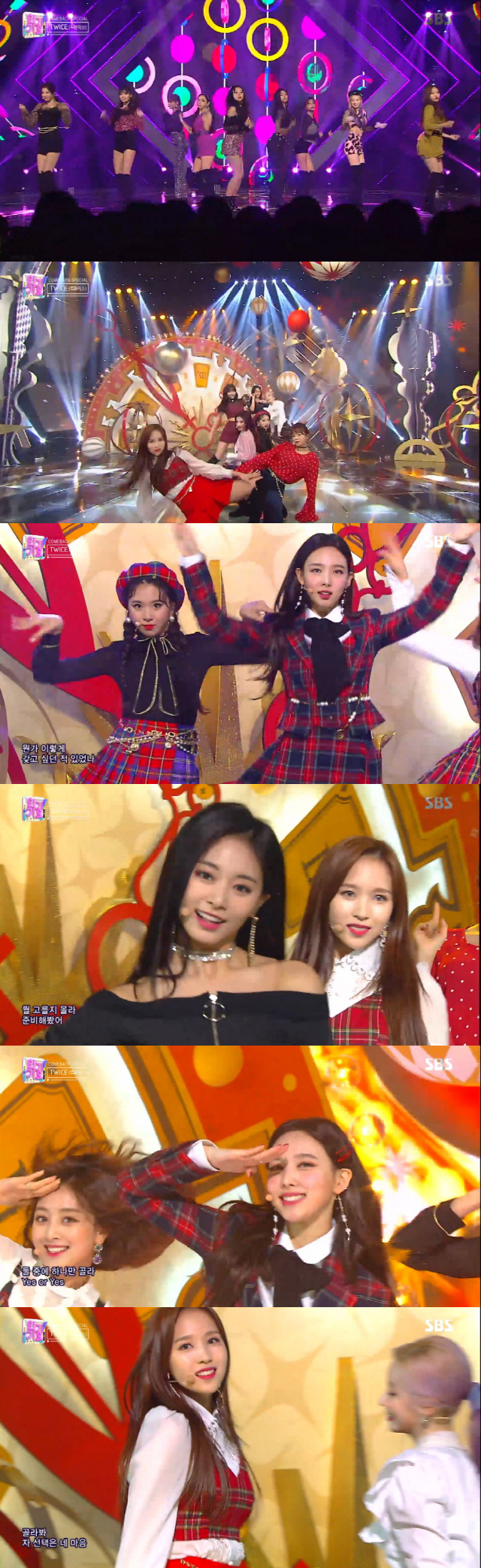 TWICEs comeback stage was released on SBSs Inkigayo, which was broadcast on the 11th.On this day, TWICE was on stage as a Korean version of BDZ released in Japan.TWICE, which attracted the light with sexy yet chic charm, reversed the atmosphere and gave off a refreshing charm with its title song YES or YES.YES or YES is a song that tells TWICEs confession that the answer is only YES, and it shows the lovely charm of The answer TWICE.Through this song, TWICE wrote a record of 10 consecutive box office.