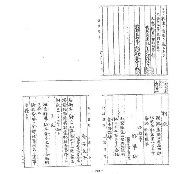 가네코 후미코에게 사형을 언도한 판결문 사본. 허무적 사상을 품고 박열과 의기투합해 한집에서 동거하고, 1923년 가을쯤 거행되는 일본 왕세자의 결혼식 때 폭탄을 투척해 위해를 가할 것을 모의하고 폭탄을 입수하려 한 증거가 인정된다는 내용이 담겨 있다. 보훈처 제공