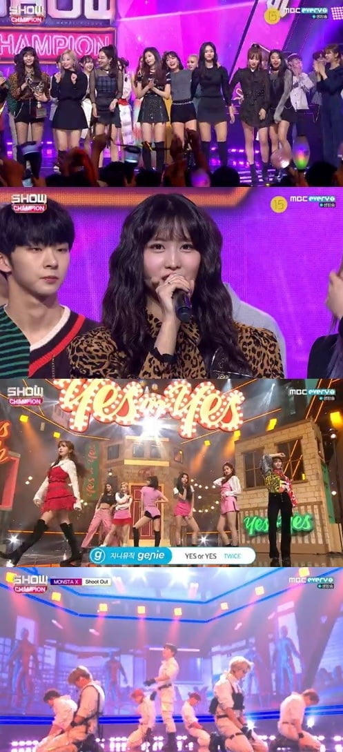 ...Thank you, all the test takers fight.In MBC Everlons Show Champion, which aired on the afternoon of the 14th, TWICE was the first place with YES or YES, while it was decorated with the season of Chungombai and autumn special feature.took the place.On this day, TWICE showed cute performance with a youthful melody, especially the part that curled hands in the chorus YES or YES attracted Eye-catching.The beauty of the members more beautiful beauty added fresh charm.TWICE expressed its gratitude to the fans (Once) who always loved, saying, Fight all those who are watching the SAT tomorrow.Meanwhile, Gugudan made a comeback with the song Not That Type, which each showed off its charm by wearing blue costumes.Izuwon also made his debut stage and focused attention.Seo In-young transformed into a sweet ballader and showed off his sensitive vocals.JBJ95 Kenta and Sang Kyun also made their debut, and Monster X showed intense performance with Shoot Out.Promis Nine, Kim Dong-han and other new artists also performed various stages.On the other hand, Show! Champion is a music variety for singing and talking.