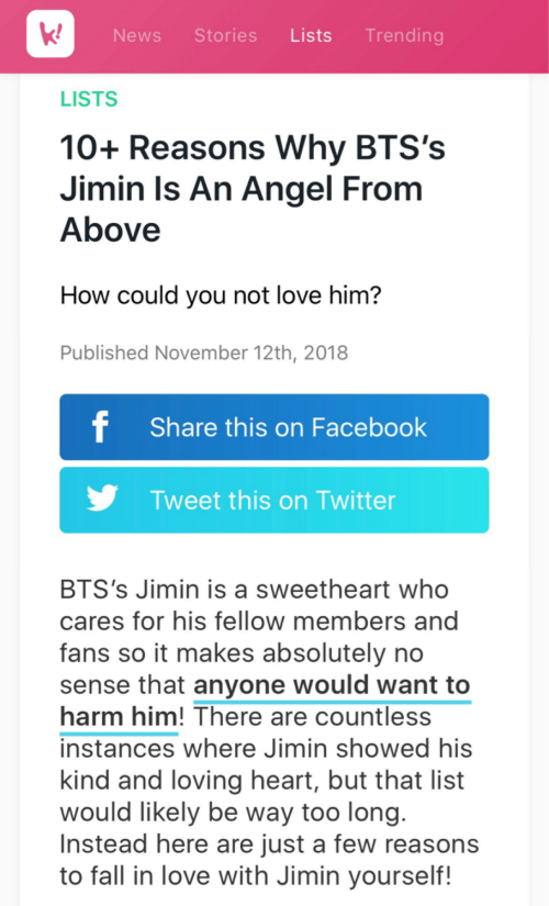 Recently, the Korean wave site, the Korea Department, which is famous for North America, praised BTS Jimin.The Korean Ministry of Economy and Trade said, Jimin will seem a great dancer with a wonderful body, but in reality he should be protected by Arthur, who is very pure and shy. Jimin is a perfect lover who is lovely in existence and deserves everyones love.