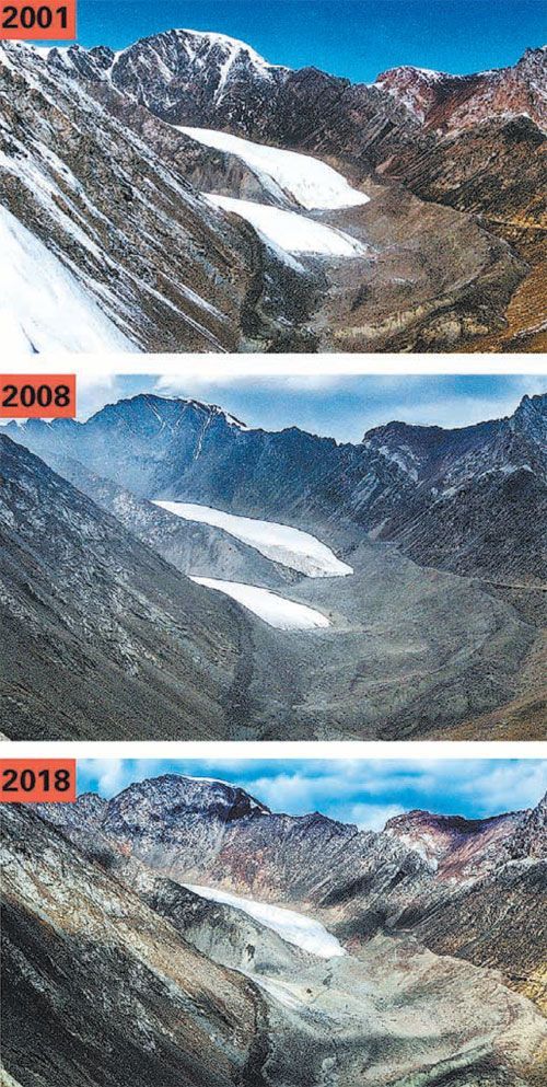 중국 신장위구르자치구 톈산(天山) 1호의 빙하면적이 2001년부터 계속 줄어들고 있는 모습(사진=홍콩 밍보, 그린피스)