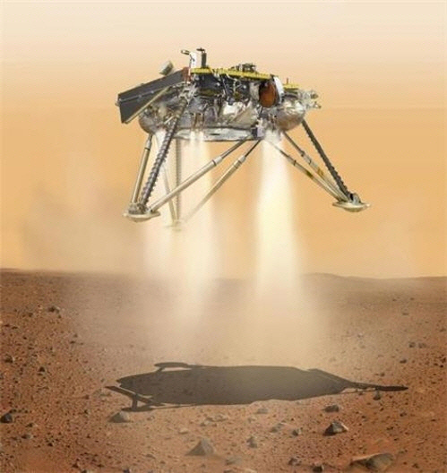 [인사이트호가 역추진로켓을 가동해 최종 착륙하는 장면 상상도. 출처 NASA/JPL-Caltech]