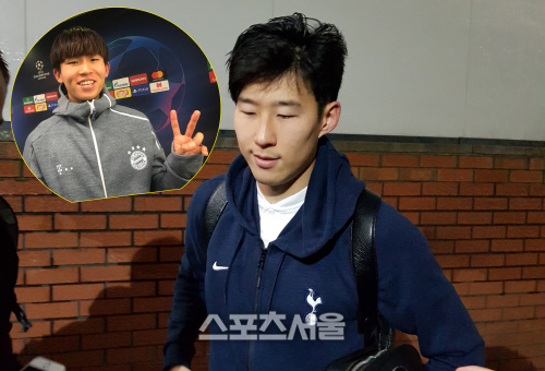 토트넘 손흥민(오른쪽)이 19세 나이로 바이에른 뮌헨 1군 데뷔전을 치른 후배 정우영에 대해 진솔한 생각을 밝혔다. 런던 | 고건우통신원, 뮌헨 | 정재은 통신원