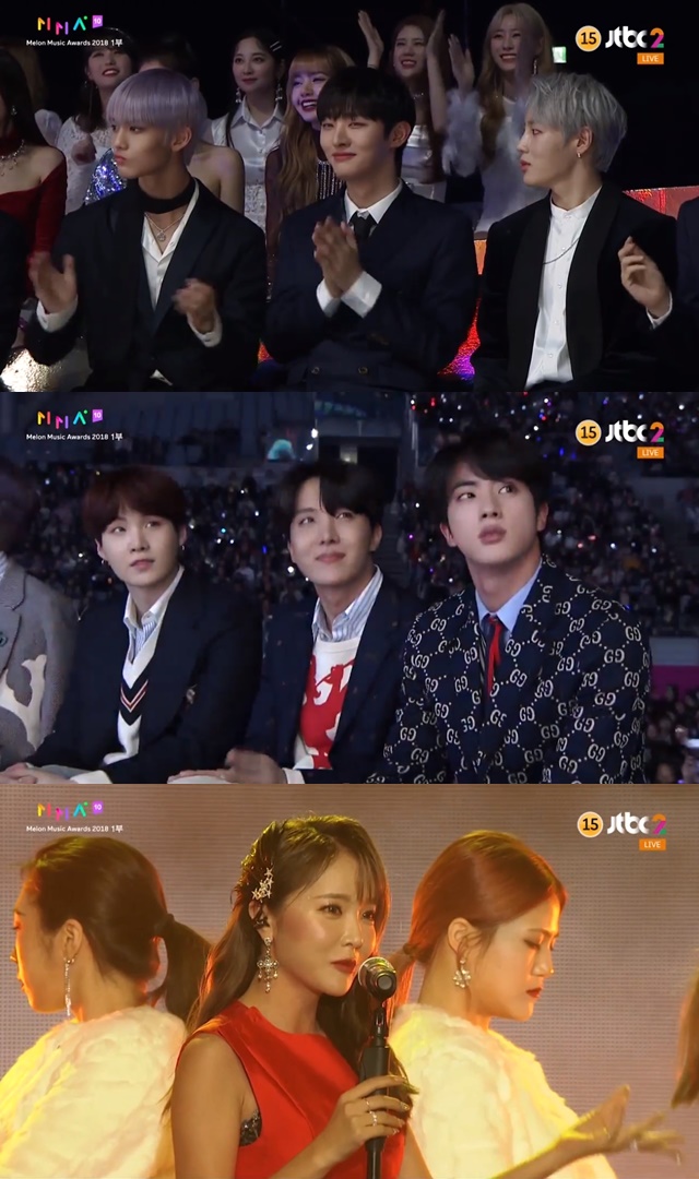 Group BTS and Wanna One reacted to the stage of Hong Jin-youngs sexy Goodbye.Hong Jin-young showed off the stage of Goodbye wearing red costume at 2018 Melon Music Awards held on December 1.Reactions from BTS and Wanna One were captured on camera while Hong Jin-young performed an aligned dance with a male dancer.First, Wanna One members Bae Jin Young, Yoon Ji-sung and Ha Sung-woon applauded with a smile.Bae Jin Young, Yoon Ji-sung and Ha Sung-woon looked shy without looking at the stage properly.delay stock