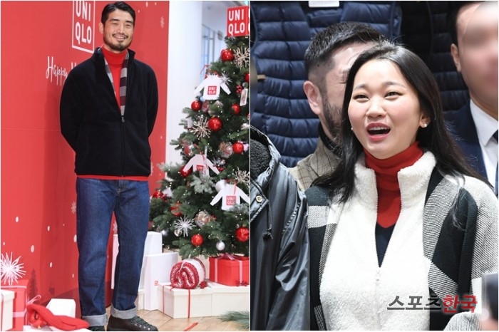 Model Jang Yoon-ju attends the 2018 Uniqlo The Holiday photo event held at the Uniqlo Myeongdong Central Store in Jung-gu, Seoul on the morning of the 3rd and looks at her husband Jung Seung-min in the photo wall.Kim Go-eun Jang Yoon-ju Kim Ji-seok and Park Kyung attended the event.