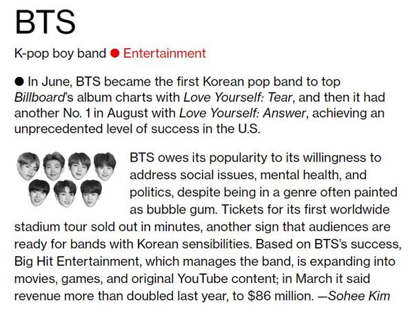 Boy group BTS was selected as the first Korean singer to be named Bloomberg 50.United States of America Bloomberg News posted an article on Bloomberg 50 on its official website on the 6th (local time), and 50 people including BTS, major figures such as Jerome Powell, chairman of the United States of America Federal Reserve Committee, Royal Dutch Shell CEO Ben Van Beauden, Donna Strickland, and Taylor Swift, who won the 2018 Nobel Prize for Physics I have a list.BTS was the first Korean singer to be selected and is the only Korean on the list announced this year.Bloomberg said, BTS was the first place on the Billboards album chart with LOVE YOURSELF Tear in June.It is the first K-pop band to be on the chart, and once again charts with LOVE YOURSELF Answer in AugustWe have achieved unprecedented success in United States of America.The huge popularity of BTS is due to the fact that the younger generation has been willing to talk about social issues, mental health and politics despite their favorite genres, Bloomberg said. BTS first World Stadium tour tickets sold out in a few minutes, which is another sign that audiences around the world are ready to accept the band with Koreas sensibility.Finally, Bloomberg said, Big Hit Entertainment, a subsidiary of BTS, is expanding its scope to movies, games and original YouTube content based on the success of BTS. In March, company sales doubled from last year to $ 86 million. Bloomberg 50, which was announced on the day, selected people who showed remarkable achievements in business, entertainment, finance, politics, technology and science during 2018, and is also published through Bloomberg Business Week.Meanwhile, BTS will hold a Love Yourself Asia tour at Taoyuan International Baseball Stadium in Taiwan on the 8th and 9th.
