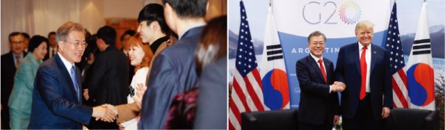 11월 28일(현지시각) 문재인 대통령이 체코 기업인 및 동포들과 간담회를 갖고 있다(왼쪽). 문재인 대통령과 도널드 트럼프 미국 대통령이 11월 30일(현지시각) 아르헨티나 부에노스아이레스 코스타 살게로 센터에서 만나 기념촬영을 하고 있다. [원대연 동아일보 기자]벯鷬₀裬놰薪颈ꓬ