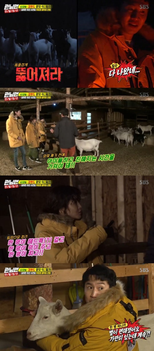 Running Man Lee Si-young, Lee Kwang-soo and Haha succeeded in the mission.On SBS Good Sunday - Running Man broadcast on the 16th, Lee Si-young team was drawn to get close to the sheep.Lee Si-young team (Lee Si-young, Lee Kwang-soo, Haha) headed to Gangwon-do Ranch for 4L of sheeps milk.The three of them waved up the pine needles to get close, but the sheep who ate them fled into the mountains.But the sheep felt different from their usual feelings and ran back to the mountains.The crew removed the equipment, and as time passed, the sheep approached the door. But the sheep escaped again.Lee Si-young, Lee Kwang-soo, and Haha were also hidden, as well as the staff who had the minimum number of people left.The sheep finally came in, and the three men approached the sheep, who were wary.The three joined forces to start milking their sheep, and quickly filled 4L.Photo = SBS Broadcasting Screen