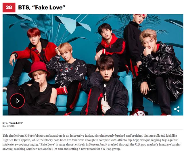 Idolgroup BTS was named in 2018s Best Pop Album 20 and 2018s Best Song 50 by Rolling Stone, a United States of America music magazine.Rolling Stone released a list of BTSs third album Love Yourself Former Tier in the 13th place in the best pop album category and the album title song Fake Love in the 38th place in the best song.Rolling Stone compared the appearance of BTS to the United States of America famous rock band Guns and Lodges, which enjoyed the 1990s.BTSs third album was an extraordinary work such as Guns and Lodges DeV album Epitite for Distraction. BTS has pioneered a new area of ​​K pop.Rolling Stone took high note of BTS full display of their musical style without singing in English language.BTS was the first Korean singer to win the Billboards 200 album chart in May with the Love Your Self-Tear in Korean.It was the first time in 12 years that a foreign language album, not an English language, reached the top of the category.Fake Love, which was the first K-pop group song to reach the top 10 on the Billboards single chart Hot 100, also ranked 20th in the United States of America New York Times Best Song 65 of the Year.This song was loved by the sophisticated electronic music after realizing that the love that I thought was fate was a lie.BTS also named Love Yourself Resolution Anser on the K-pop Best Album of the Year by Billboards, a popular music magazine of United States of America, on the 17th.The best K-pop song of the year was Idolgroup Red Velvets Bad Boy.