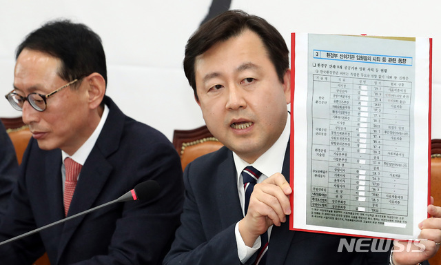 【서울=뉴시스】이종철 기자  =  26일 서울 여의도 국회에서 열린 자유한국당 청와대 특감반 진상조사단 회의에서 김용남 전 의원이 '환경부 산하기관 임원들의 사퇴 등 관련 동향' 문건을 공개하고 있다. 2018.12.26.jc4321@newsis.com