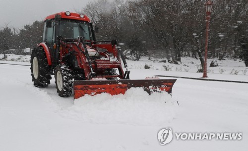 폭설에 이어지는 제설작업 (제주=연합뉴스) 변지철 기자 = 제주 산지에 대설주의보가 내려진 28일 오전 제주시 탐라교육원 일대에서 제설작업이 이뤄지고 있다. 2018.12.28 bjc@yna.co.kr