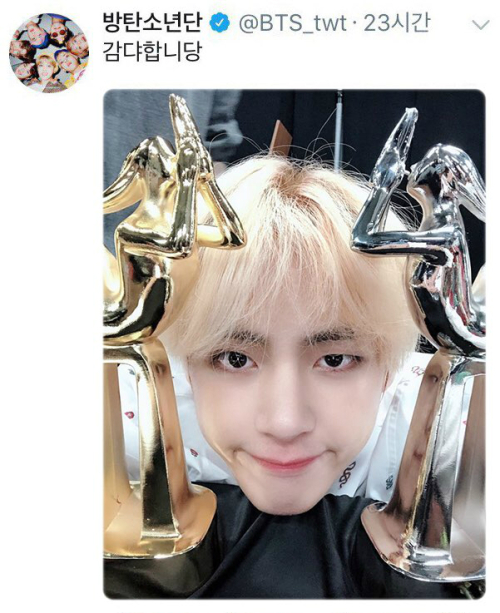 BTS V delivered a brief impression of the 33rd 2019 Golden Disc Awards Grand Prize award to BTS Official Twitter Inc. on the 7th, and as soon as the thank you message posted on this tweet came up, it was ranked 5th in Korea Trend.The tweet posted by BTS V showed a gratitude for the fans with a cute expression of Happiness Party. This expression is one of the other charms that fans show in contrast to the usual charismatic stage.In the photo released by V, the two trophies awarded are placed on the table, facing the camera with their faces in the meantime.This photo even raises the illusion that BTS V seems to be i-contecting to fans.BTS also won the Grand Prize in the record category at the 2019 Golden Disc Awards, which was held on the 6th. Before the awards ceremony, V was ranked first in the real-time entertainment search query on the portal site and seventh in the entire real-time search query.BTS V, who last said the award after receiving the Grand Prize, said that he and Jimin are golden pig bands and said, I will give you everything you come in.I hope that only happy days will be filled. He expressed his unusual affection for the fans until the end.