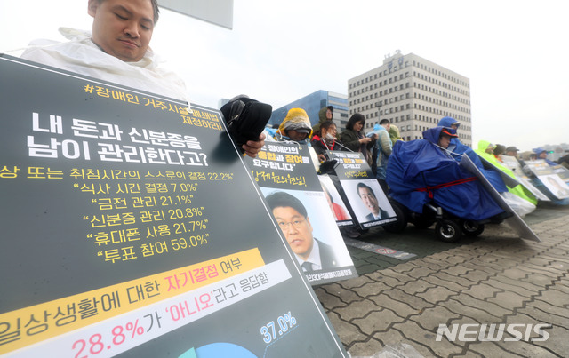 【서울=뉴시스】홍효식 기자 = 한국장애인자립생활센터협의회 관계자들이 26일 오후 서울 영등포구 여의도 국회 앞에서 장애인자립생활권리 예산확대촉구 전국 결의대회를 하고 있다. 2018.10.26. yesphoto@newsis.com