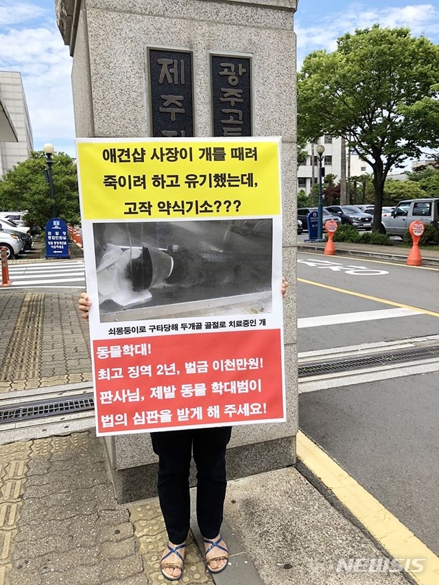 【제주=뉴시스】조수진 기자 = 제주동물친구들 활동가가 지난해 5월 제주지방법원 앞에서 대형 반려견 용품。 주인의 슈나우저 등 폭행 사건에 대해 정식 재판에 회부를 촉구하는 1인 시위를 벌이고 있다. (사진=제주동물친구들 제공)