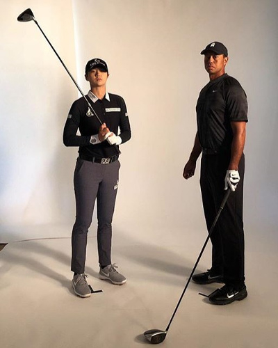 박성현이 6일 미국 플로리다에서 우상인 타이거 우즈(오른쪽)와 함께 골프용품 업체 테일러메이드 광고를 촬영 중인 모습. 박성현 인스타그램