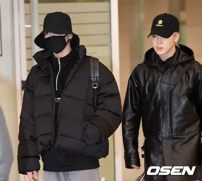 BTS arrived at Incheon International Airport on the afternoon of the 12th after finishing the Grammy Awards.BTS Jungkook, Jimin are leaving the arrivals hall.