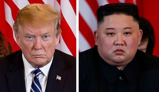 2차 북·미정상회담 이튿날인 28일(현지시간) 도널드 트럼프(왼쪽) 미국 대통령과 김정은(오른쪽) 북한 국무위원장이 베트남 하노이의 소피텔메트로폴호텔에서 회담 도중 심각한 표정을 하고 있다. 이날 채택될 것으로 기대됐던 '하노이 선언'은 끝내 불발됐다.