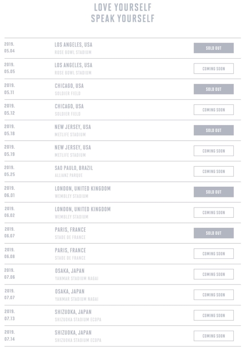 All additional performances will be held as five City performances of the World AT & T Stadium tour, which BTS opens for the first time as a Korean singer, are sold out.Today (the 3rd) on the official website of BTS, a notice was posted that the AT&T Stadium tour Love Yourself: Speak Yourself will be performed in five cities including United States of America, the United Kingdom and France.The newly announced schedule is May 5 United States of America Los Angeles (LA) Rose Bowl AT & T Stadium, May 12 United States of America Chicago Soldier Field, United States of America Princeton MetLife AT & T Stadium, June 2, London, London, England & T Stadium, June 8 at France Paris Stade de France.United States of America Rose Bowl AT & T Stadium is the venue for the Olympic soccer final, the World Cup final and the Super Bowl, with a capacity of over 90,000.Chicago Soldierfield, which houses more than 60,000 people, is the United States of America Profootball (NFL) Chicago Bears home stadium, where pop star performances such as Rolling Stones and Bon Jovi have been held.Princeton MetLife AT & T Stadium will also have a capacity of 80,000 people and will host the World Cup final in 2026.Wembley AT&T Stadium is a holy place of British sports and popular culture, with 90,000 seats, and Stade de France, a symbol of France sports, is the place where it played the 2003 World Athletics Championships and the 2007 Rugby World Cup, which houses more than 80,000 people.Currently, the Speak Your Self tour schedule is 15 times in 8 cities in World, but there will be additional performances in other regions.