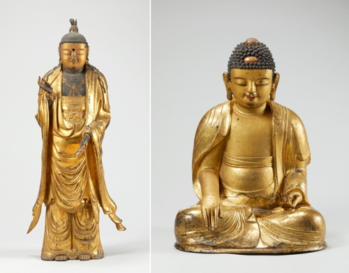 소조보살입상(왼쪽)과 목조석가불좌상 [국립중앙박물관 제공]
