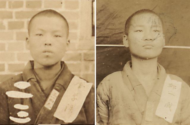 독립유공자 김학수(왼쪽, 당시 19세1개월), 정일성(17세2개월). 이들의 나이는 인물카드에 기재된 생년월일과 카드 제작 날짜 또는 선고 일을 기준으로 계산했다.