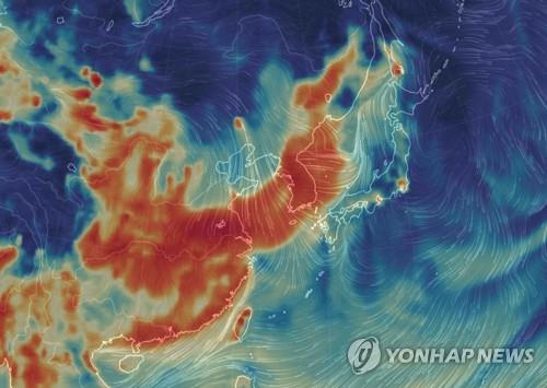 지난 1월 15일 한반도 미세먼지 대기상황 지난 1월 15일 오전 9시 한반도의 초미세먼지 대기상황. [어스널스쿨 홈페이지 캡처]