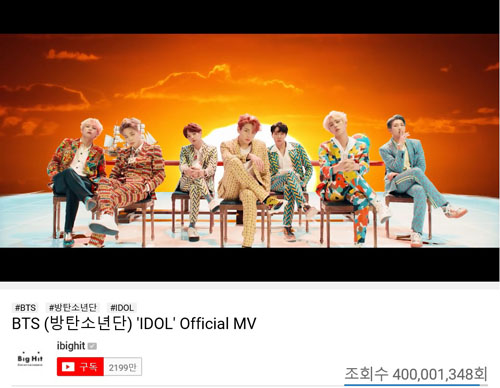 The group BTS IDOL music video has surpassed 400 million views.The title song IDOL music video for the repackaged album LOVE YOURSELF Answer, released in August last year, exceeded 400 million YouTube views at 5:04 pm on the 16th.As a result, BTS has a total of seven music videos that have exceeded 400 million views, including DNA, which achieved 600 million views for the first time in the Korean group, Burning with 500 million views, FAKE LOVE, MIC Drop remixes, blood sweat tears and IDOL with 400 million views.This is the record breaking the 400 million view music video of the largest number of Korean singers, and BTS has renewed its record after Blood Sweat Tears, which achieved its sixth 400 million view in January.Previously, BTS had surpassed 10 million and 20 million YouTube views in the shortest time of Korean singer with IDOL music video, and set a record of achieving 100 million views in the shortest time of the Korean group.In addition, last November, United States of America Music, Film and TV awards ceremony 2018 E!He won the Music Video of 2018 award at the Peoples Choice Awards and proved the worldwide popularity of the IDOL music video.BTS IDOL music video continues its exciting festive atmosphere from the beginning to the end of the video based on a colorful set of tropical savannah grasslands, Bukcheong lion play, euro-Asian architecture and Korean traditional style.Here, the graphic effect of subculture is added to show sensual and colorful color.