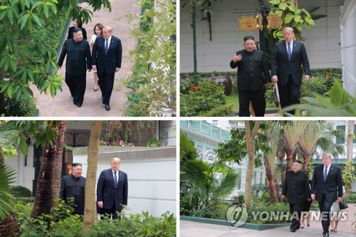 메트로폴 호텔에서 산책하는 김정은·트럼프 (서울=연합뉴스) 북한 노동당 기관지 노동신문은 1일 지난달 28일 베트남 하노이에서 열린 제2차 북미정상회담을 보도했다. 사진은 김정은 국무위원장과 도널드 트럼프 미국 대통령이 전날 메르로폴 호텔에서 산책하는 모습. 2019.3.1       [국내에서만 사용가능. 재배포 금지. For Use only in the Republic of Korea. No Redistribution] nkphoto@yna.co.kr