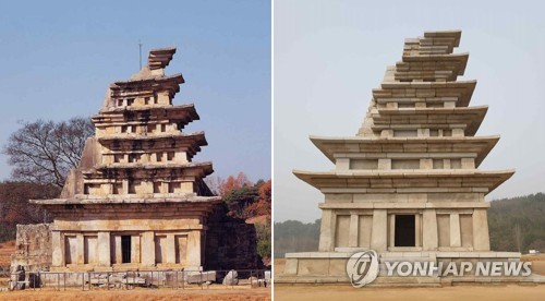 익산 미륵사지 석탑, 정비 마치고 23일 공개 (서울=연합뉴스) 문화재청이 23일 익산 미륵사지 석탑(국보 제11호)의 완전한 모습을 공개했다. 사진은 수리 전(왼쪽) 과 후 미륵사지 석탑 모습. 2019.3.21 [문화재청 제공=연합뉴스 자료사진] photo@yna.co.kr